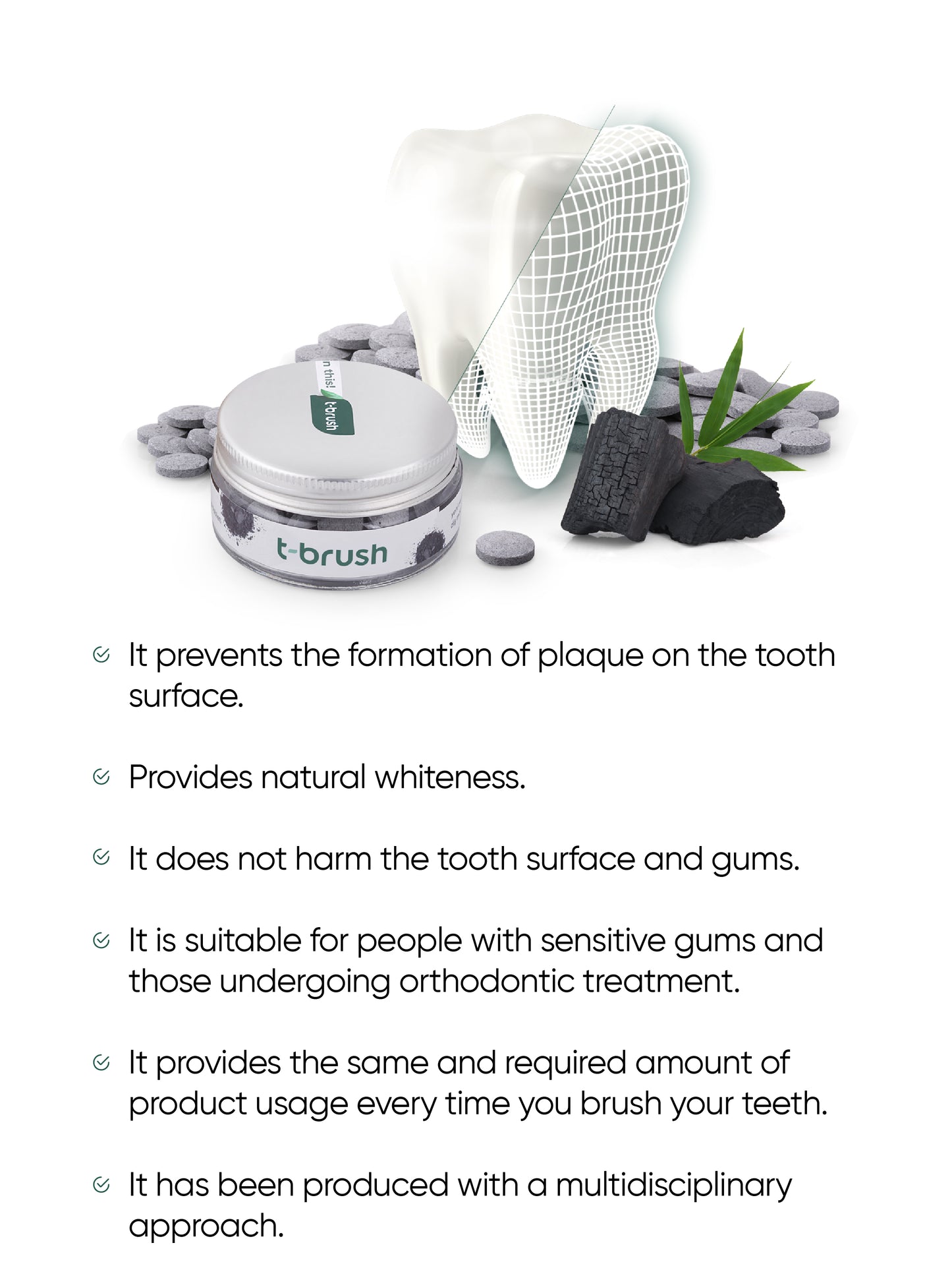 t-brush Activated Charcoal Tandpasta Tabletten, teknische tekening