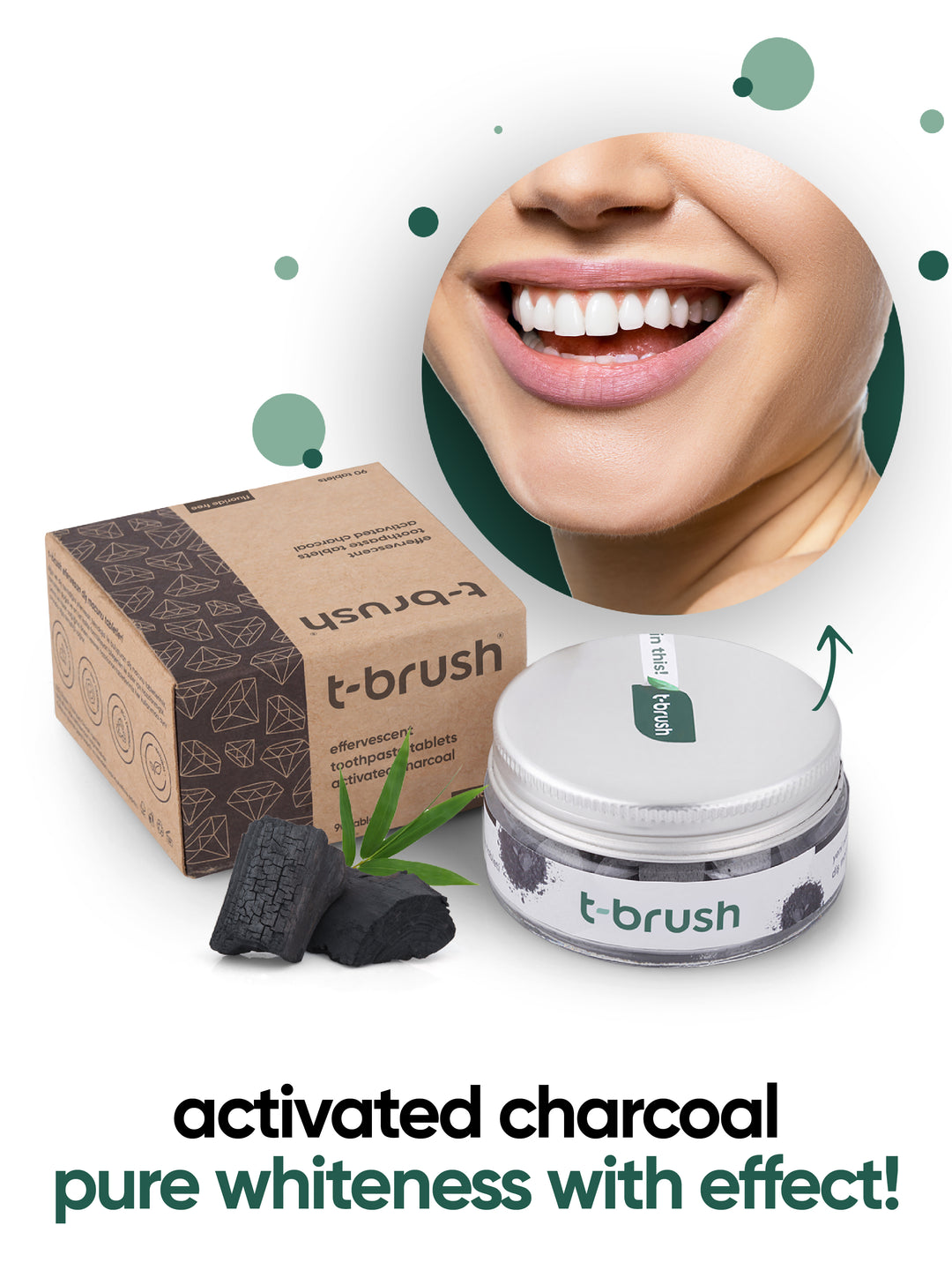 t-brush Activated Charcoal Tandpasta Tabletten, in verpakking